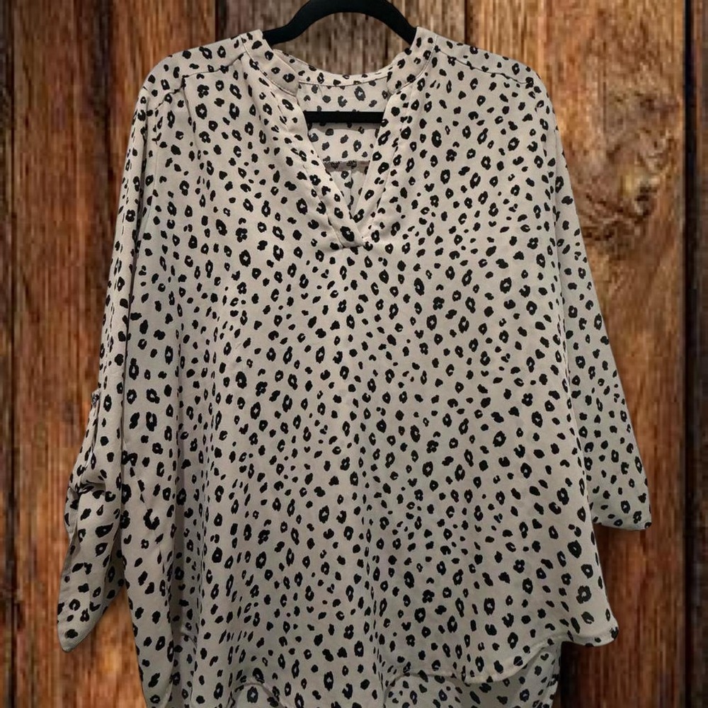 Womens Leopard Print V Neck Roll Tab Sleeve Tunic Blouse Cream Black Large